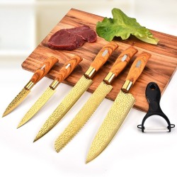 Couteaux de cuisine professionnels plaqué or - éplucheur - acier inoxydable - manche en bois - coffret de 6 pièces