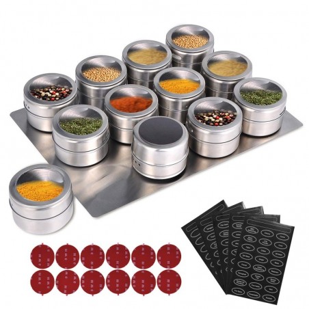 Magnetic spice jars - with labels - with wall mounted rack - stainless steelStorage