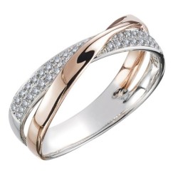 Elegante anello da donna - bicolore - forma X - zirconi bianchi
