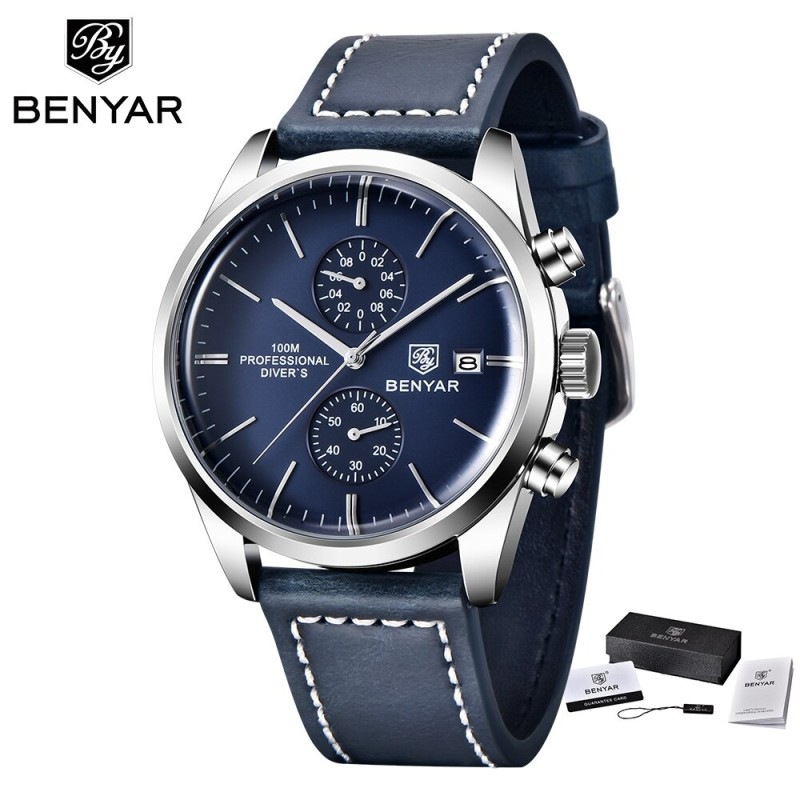 BENYAR - montre de sport à Quartz - étanche 100m - bracelet cuir