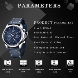 BENYAR - montre de sport à Quartz - étanche 100m - bracelet cuir