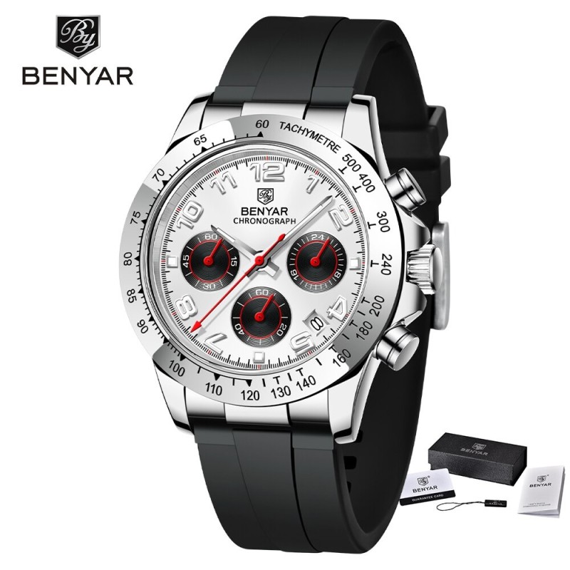 BENYAR - montre en acier inoxydable - Quartz - chronographe - étanche 30M - bracelet en caoutchouc