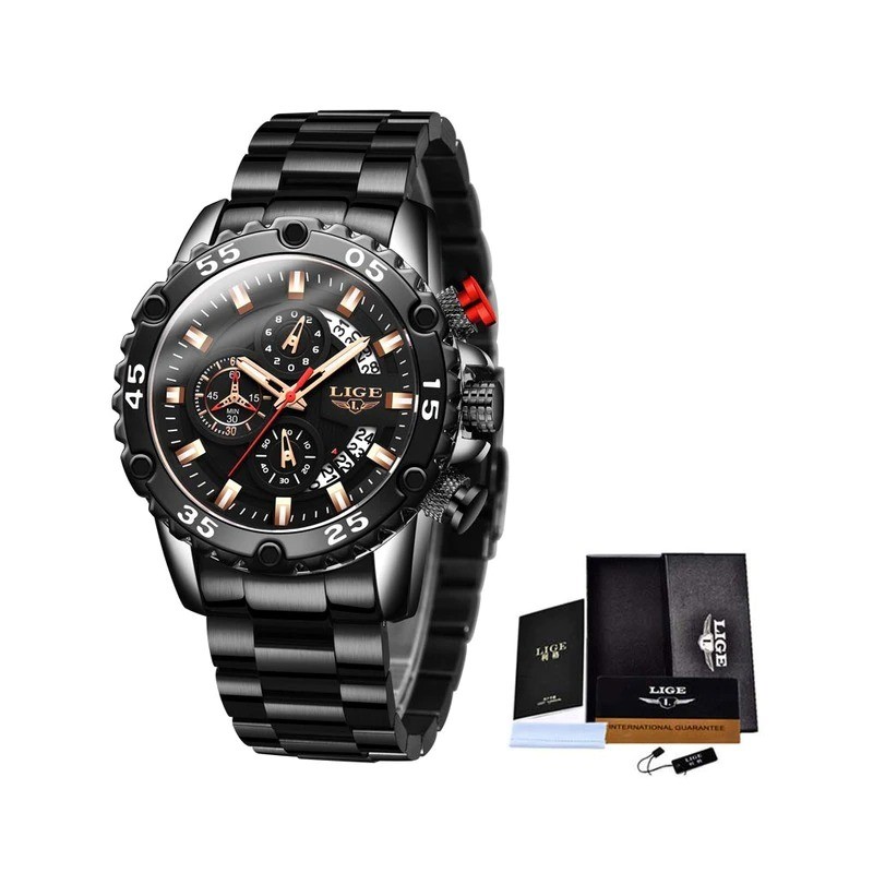 LIGE - montre de sport à quartz - lumineuse - étanche - acier inoxydable