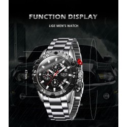 LIGE - montre de sport à quartz - lumineuse - étanche - acier inoxydable