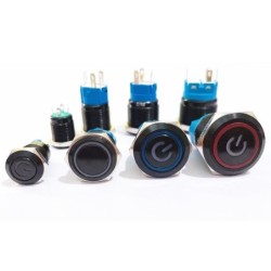 Interrupteur bouton poussoir noir LED - étanche - fixe autobloquant - 12mm / 16mm / 19mm / 22mm - 5V / 12V / 220V