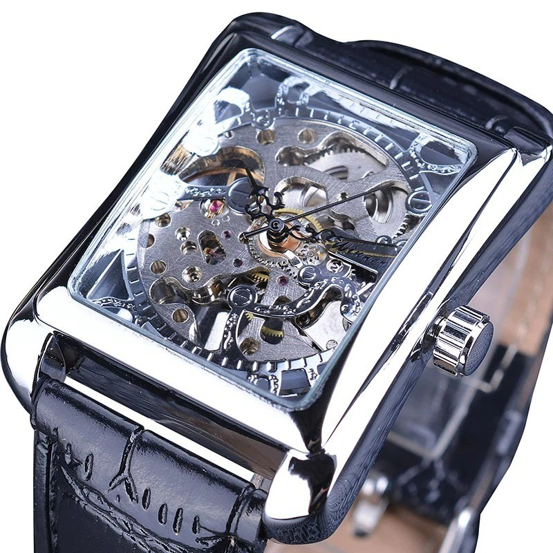WINNER - orologio meccanico rettangolare - design scheletrato scavato - cinturino in pelle