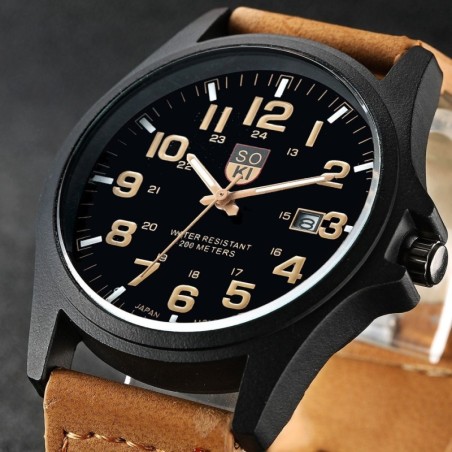 Montre à quartz militaire à la mode - bracelet en cuir - unisexe