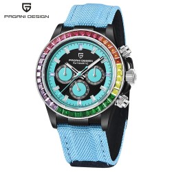 PAGANI DESIGN - mechanical sports watch - chronograph - rainbow bezel - leather strap - blueWatches