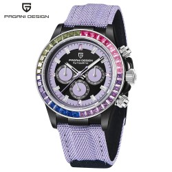 PAGANI DESIGN - montre de sport mécanique - chronographe - lunette arc-en-ciel - bracelet cuir - violet