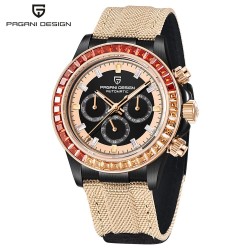 PAGANI DESIGN - montre de sport mécanique - chronographe - lunette arc-en-ciel - bracelet cuir - or