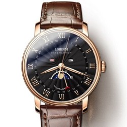 LOBINNI - luxury Quartz watch - moon phase - waterproof - leather strap - black / brownWatches