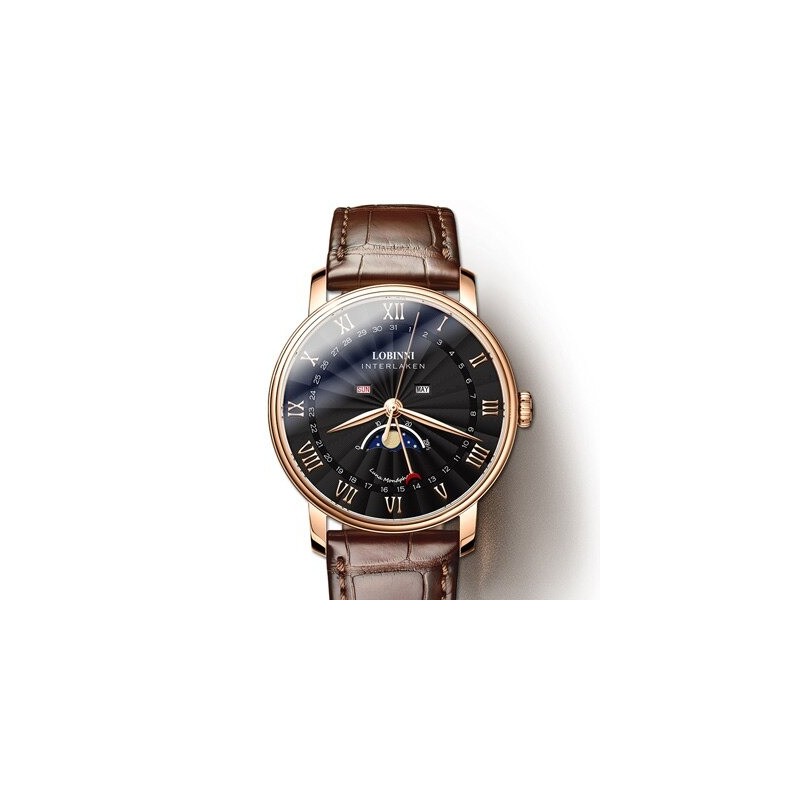 LOBINNI - orologio al quarzo di lusso - fasi lunari - impermeabile - cinturino in pelle - nero/marrone