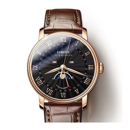 LOBINNI - orologio al quarzo di lusso - fasi lunari - impermeabile - cinturino in pelle - nero/marrone