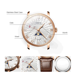 LOBINNI - montre à quartz de luxe - phase de lune - étanche - bracelet cuir - noir