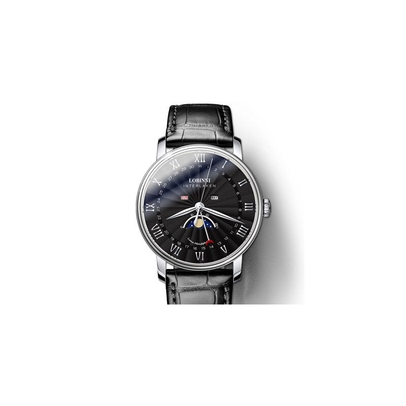 LOBINNI - montre à quartz de luxe - phase de lune - étanche - bracelet cuir - noir