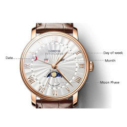 LOBINNI - orologio al quarzo di lusso - fasi lunari - impermeabile - acciaio inossidabile - oro/bianco