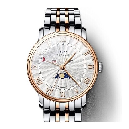 LOBINNI - orologio al quarzo di lusso - fasi lunari - impermeabile - acciaio inossidabile - oro/bianco