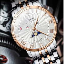 LOBINNI - orologio al quarzo di lusso - fasi lunari - impermeabile - acciaio inossidabile - oro/bianco