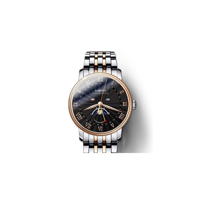 LOBINNI - montre à quartz de luxe - phase de lune - étanche - acier inoxydable - or / noir