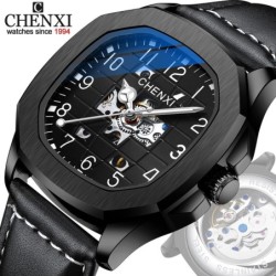 CHENXI - orologio al quarzo meccanico automatico - impermeabile - design scheletrato - nero