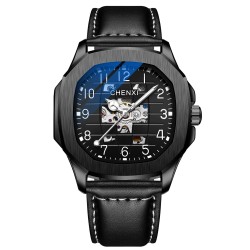 CHENXI - orologio al quarzo meccanico automatico - impermeabile - design scheletrato - nero