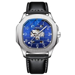CHENXI - orologio al quarzo meccanico automatico - impermeabile - design scheletrato - argento / blu