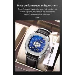 CHENXI - montre à quartz mécanique automatique - étanche - design squelette - argent / bleu