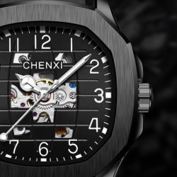 CHENXI - orologio al quarzo meccanico automatico - impermeabile - design scheletrato - argento / nero