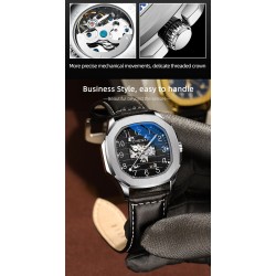 CHENXI - orologio al quarzo meccanico automatico - impermeabile - design scheletrato - argento / nero