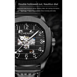 CHENXI - orologio al quarzo meccanico automatico - impermeabile - design scheletrato - argento / nero