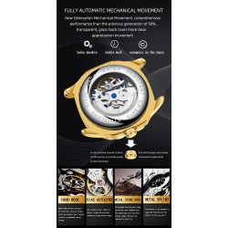 CHENXI - orologio al quarzo meccanico automatico - impermeabile - design scheletrato - argento / nero