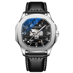 CHENXI - orologio al quarzo meccanico automatico - impermeabile - design scheletrato - argento / nero
