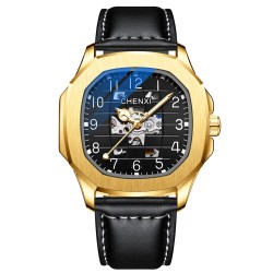 CHENXI - orologio al quarzo meccanico automatico - impermeabile - design scheletrato - oro/nero