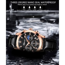 CHENXI - orologio sportivo al quarzo - impermeabile - cinturino in pelle - nero / oro rosa