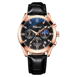 CHENXI - montre de sport à quartz - étanche - bracelet cuir - noir / or rose