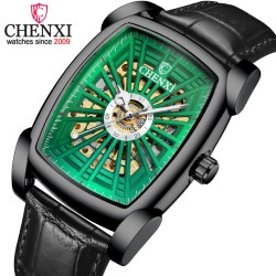 CHENXI - orologio quadrato automatico - design intagliato - cinturino in pelle - nero/verde