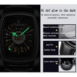CHENXI - orologio quadrato automatico - design intagliato - cinturino in pelle - argento/verde