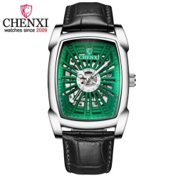 CHENXI - orologio quadrato automatico - design intagliato - cinturino in pelle - argento/verde
