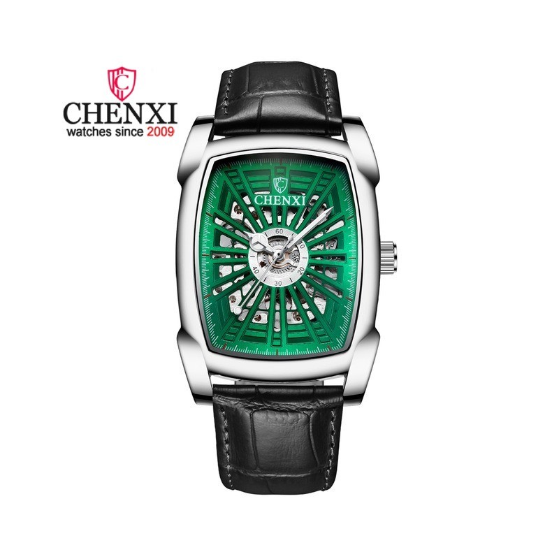 CHENXI - orologio quadrato automatico - design intagliato - cinturino in pelle - argento/verde