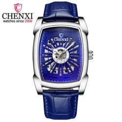 CHENXI - orologio quadrato automatico - design intagliato - cinturino in pelle - argento/blu