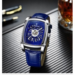 CHENXI - automatic square watch - hollow-carved design - leather strap - silver / blueWatches