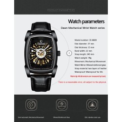CHENXI - orologio quadrato automatico - design intagliato - cinturino in pelle - argento/nero