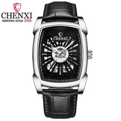 CHENXI - orologio quadrato automatico - design intagliato - cinturino in pelle - argento/nero