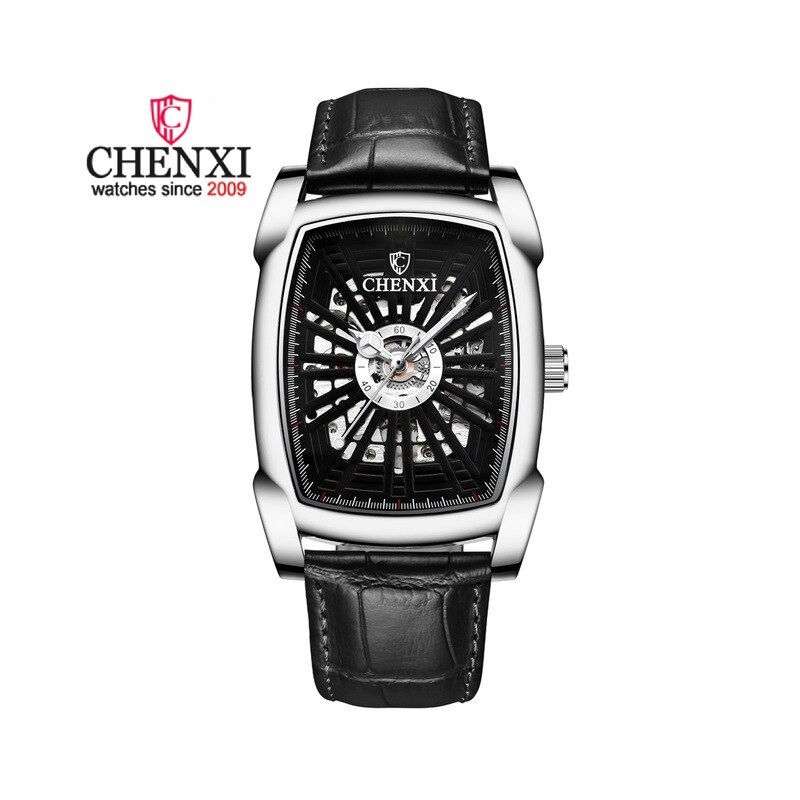CHENXI - orologio quadrato automatico - design intagliato - cinturino in pelle - argento/nero