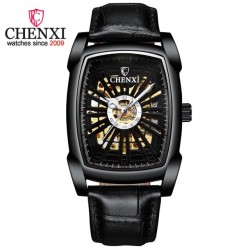 CHENXI - montre carrée automatique - design sculpté en creux - bracelet en cuir - noir