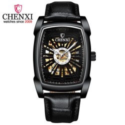 CHENXI - orologio quadrato automatico - design intagliato - cinturino in pelle - nero