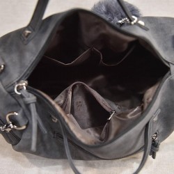 Vintage nubuck leather bag with rivets / fur pom pomBags