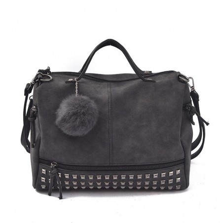 Vintage nubuck leather bag with rivets / fur pom pomBags