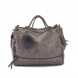 Vintage nubuck leather bag with rivets / fur pom pomBags
