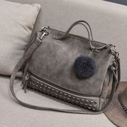 Vintage nubuck leather bag with rivets / fur pom pomBags